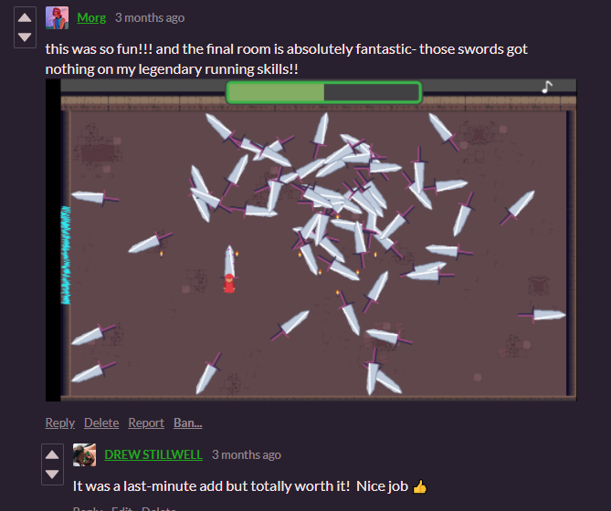 screenshot of the game showing a bunch of swords and player comment